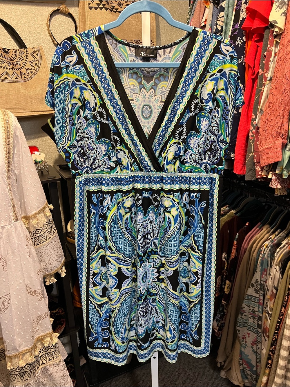 AB Studio Blue, Black & Yellow Paisley V-Neck Dress